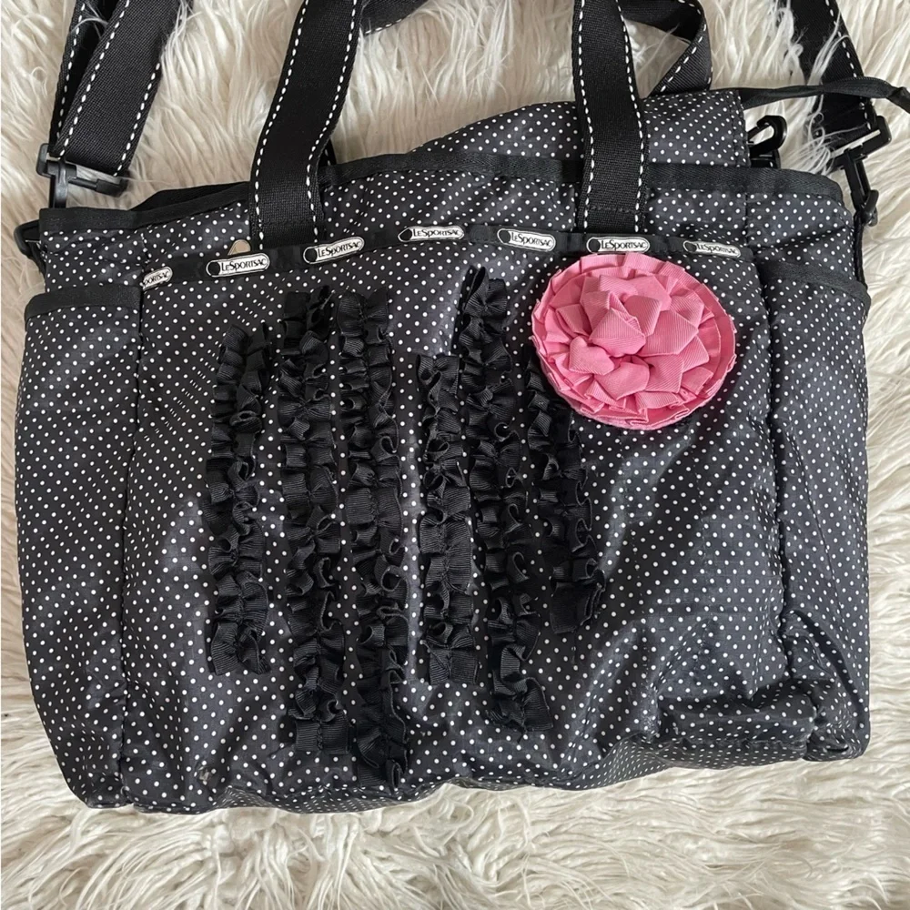 LeSportsac Black White Polkadot Polyester Pink Rose Large Baby Diaper Bag O/S